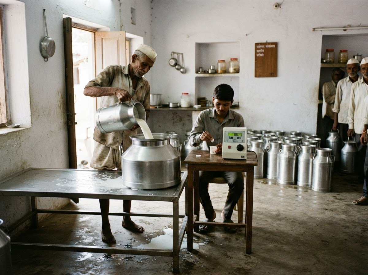 Milk being poured into a steel vessel at a village collection centre